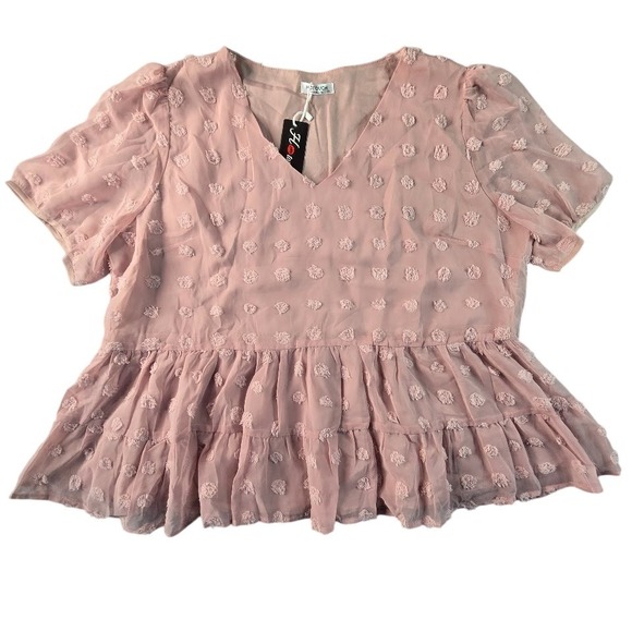 Hotouch Tops - Hotouch Swiss Dot Peplum Top Womens XXL Pink Short Puff Sleeve V-Neck Blouse
